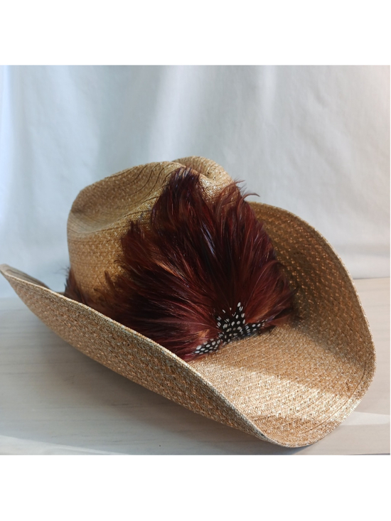 Unbranded Accessories - VTG Straw Cowboy Hat Small Pheasant Feathers